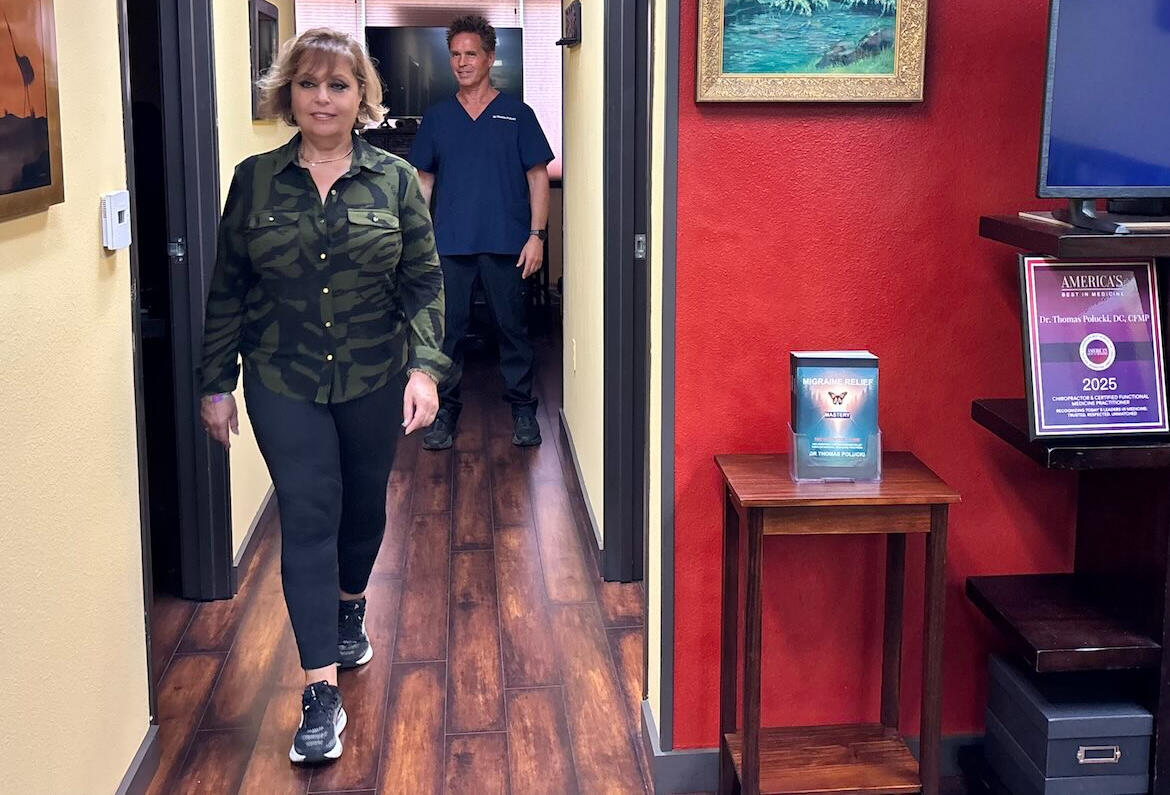 Sciatica walking assessment in Newhall Dr. Thomas Polucki evaluating walking and balance patterns related to sciatica during a chiropractic visit in Santa Clarita.